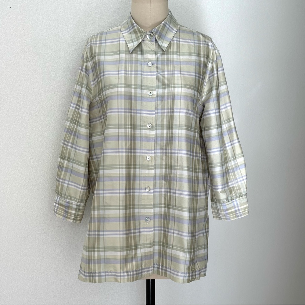 Elliott Lauren Silk Tunic Blouse NWOT Plaid Pastel Classic Button Front 12